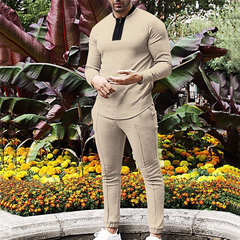 Clothes > Men's Clothing > Clothing Sets > Two-Piece Outfits European and American spring and autumn men's two-piece waffle round neck long-sleeved shirt and trousers casual sports zipper suit for men