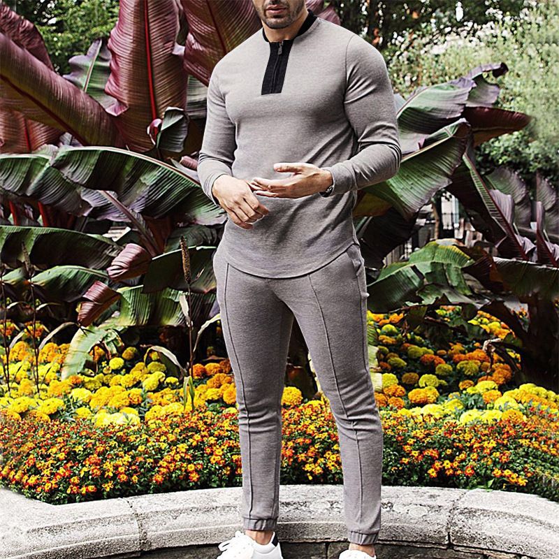 Clothes > Men's Clothing > Clothing Sets > Two-Piece Outfits European and American spring and autumn men's two-piece waffle round neck long-sleeved shirt and trousers casual sports zipper suit for men