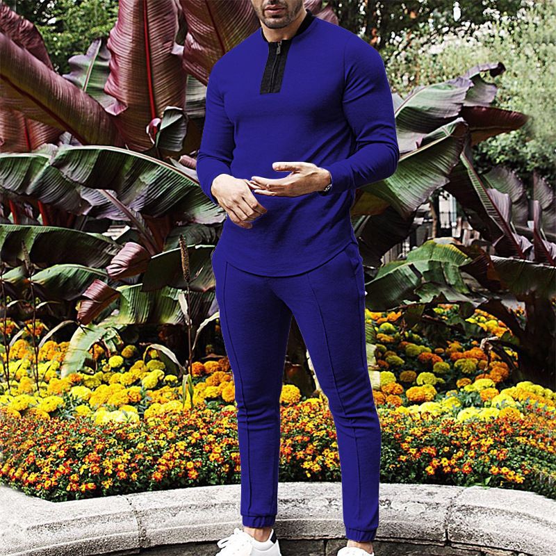 Clothes > Men's Clothing > Clothing Sets > Two-Piece Outfits European and American spring and autumn men's two-piece waffle round neck long-sleeved shirt and trousers casual sports zipper suit for men