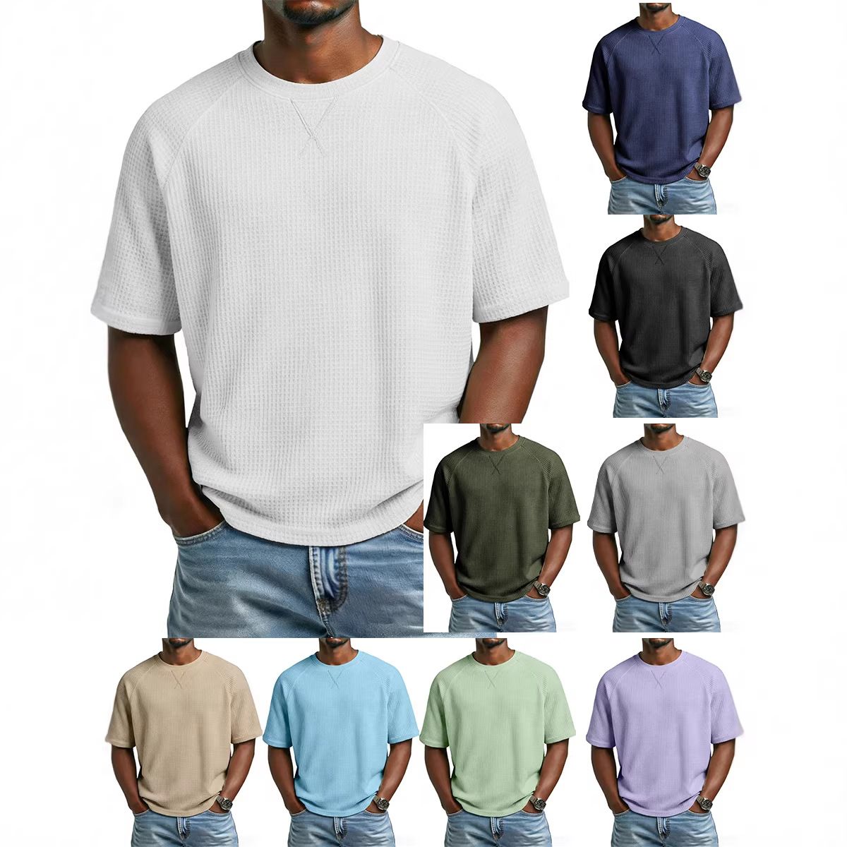Clothes > Men's Clothing > Tops > T-Shirts  European and American spring and summer men's waffle knitted raglan sleeves round neck short-sleeved men's T-shirt for men