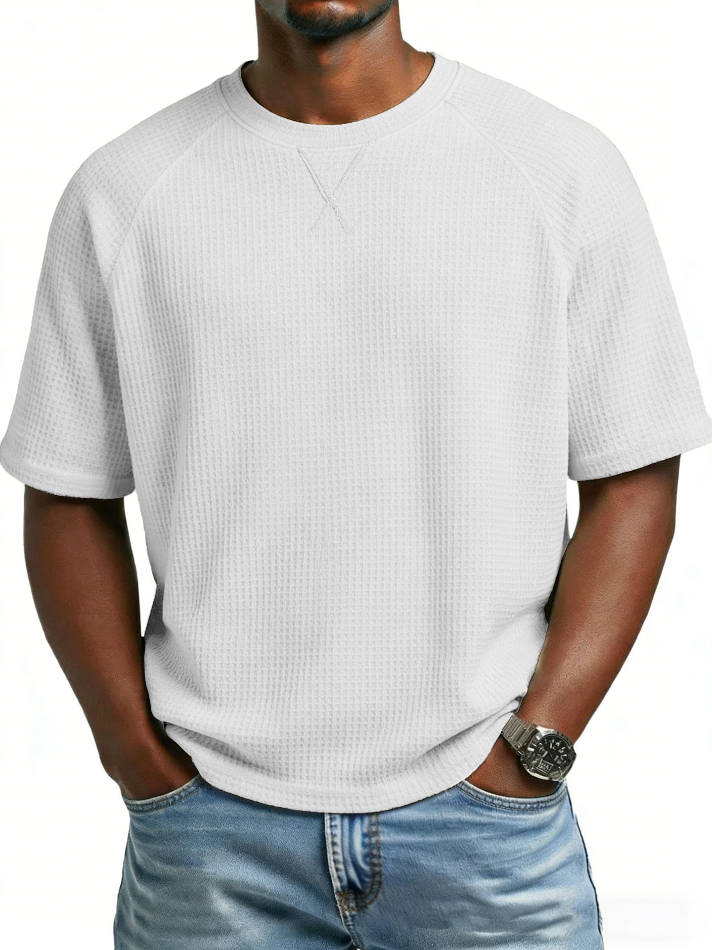 Clothes > Men's Clothing > Tops > T-Shirts  European and American spring and summer men's waffle knitted raglan sleeves round neck short-sleeved men's T-shirt for men