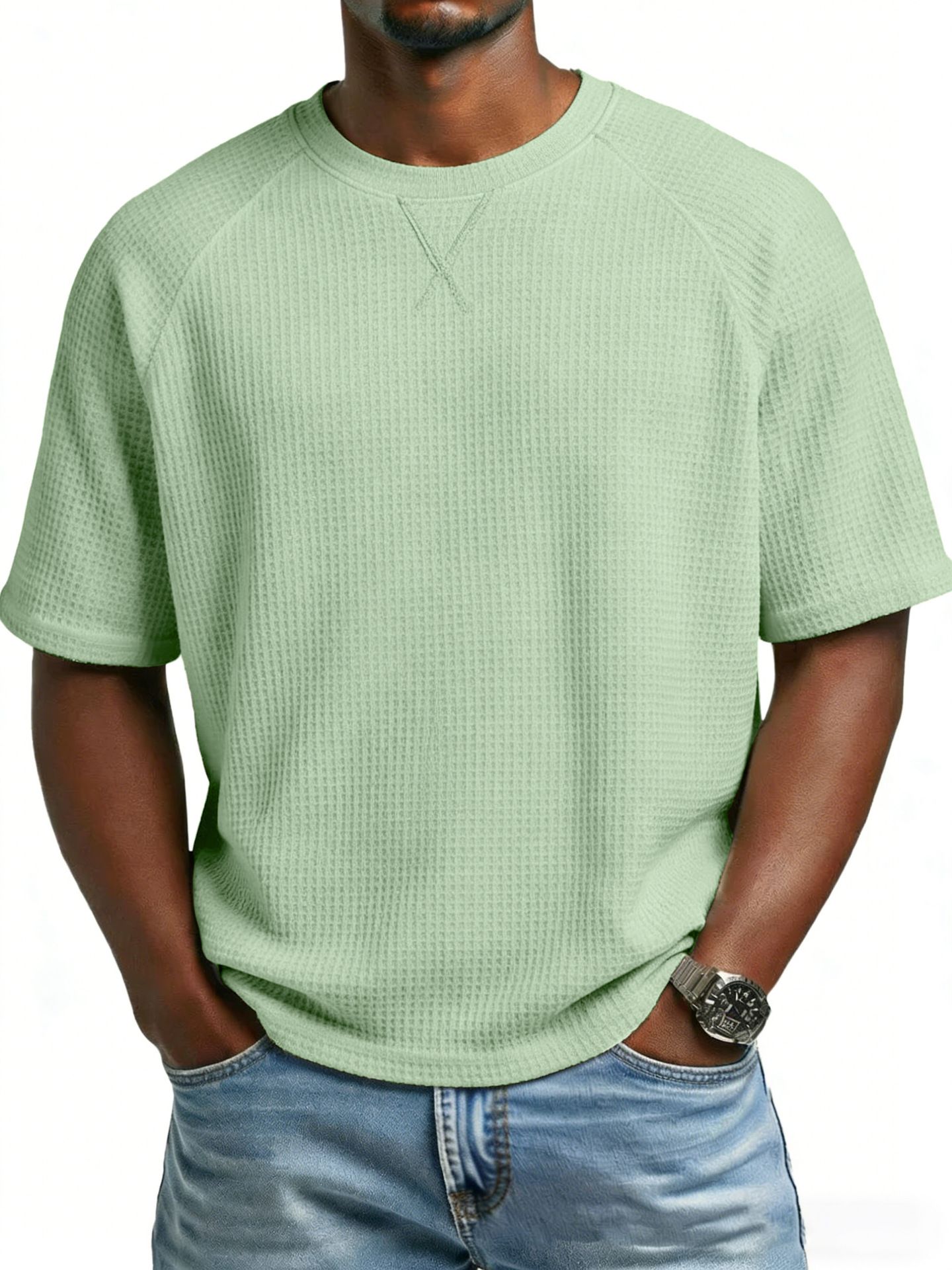 Clothes > Men's Clothing > Tops > T-Shirts  European and American spring and summer men's waffle knitted raglan sleeves round neck short-sleeved men's T-shirt for men