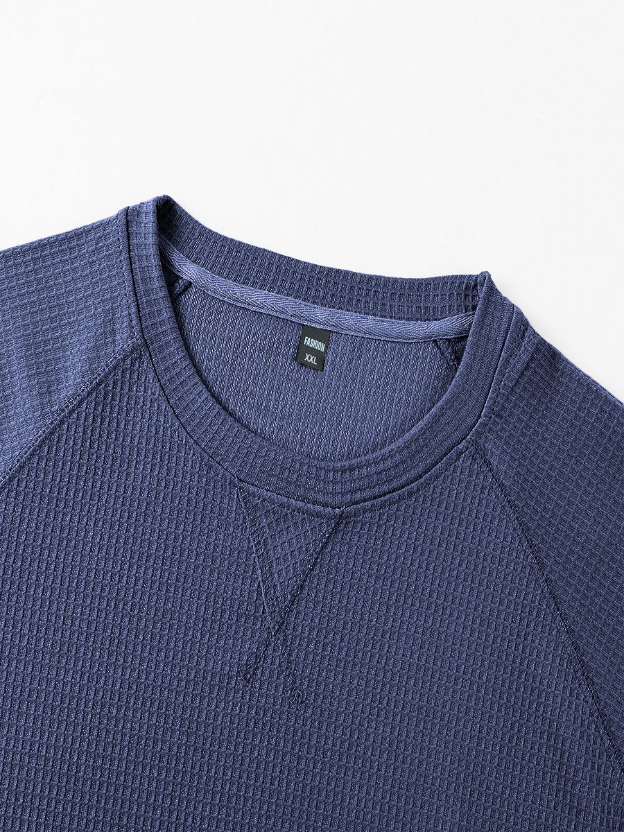 Clothes > Men's Clothing > Tops > T-Shirts  European and American spring and summer men's waffle knitted raglan sleeves round neck short-sleeved men's T-shirt for men