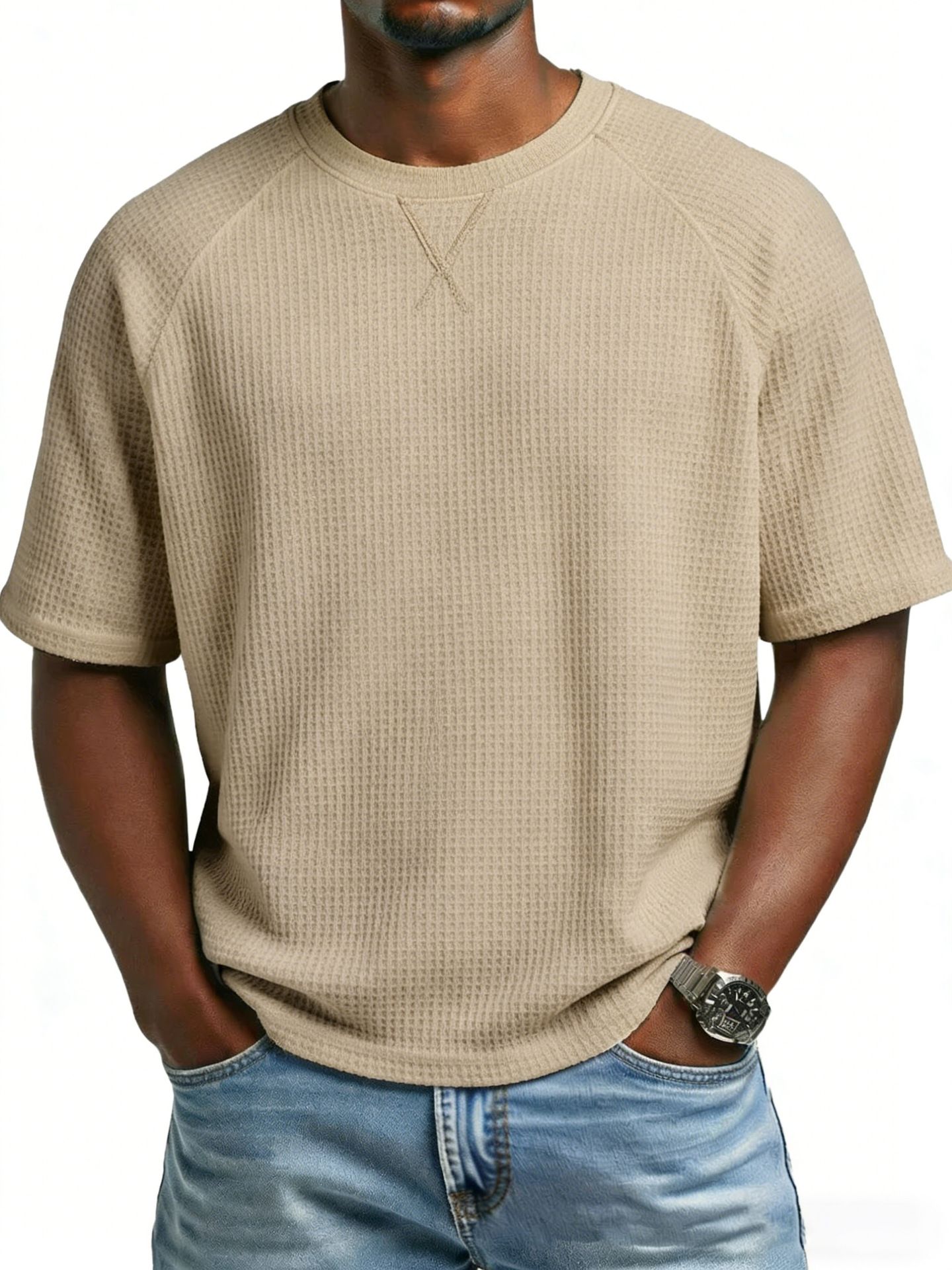 Clothes > Men's Clothing > Tops > T-Shirts  European and American spring and summer men's waffle knitted raglan sleeves round neck short-sleeved men's T-shirt for men