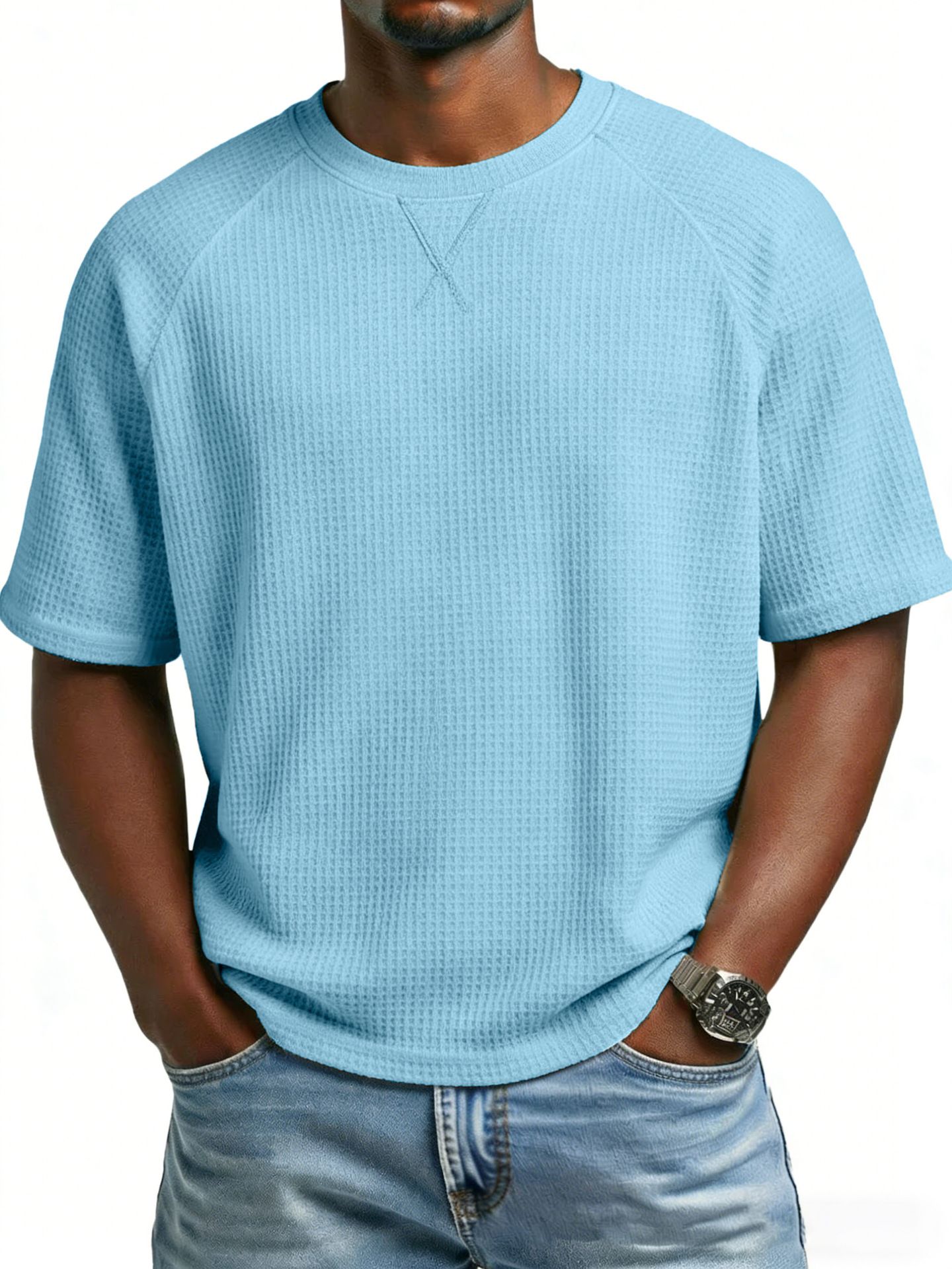 Clothes > Men's Clothing > Tops > T-Shirts  European and American spring and summer men's waffle knitted raglan sleeves round neck short-sleeved men's T-shirt for men