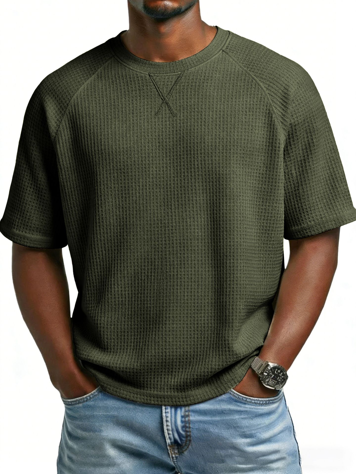 Clothes > Men's Clothing > Tops > T-Shirts  European and American spring and summer men's waffle knitted raglan sleeves round neck short-sleeved men's T-shirt for men