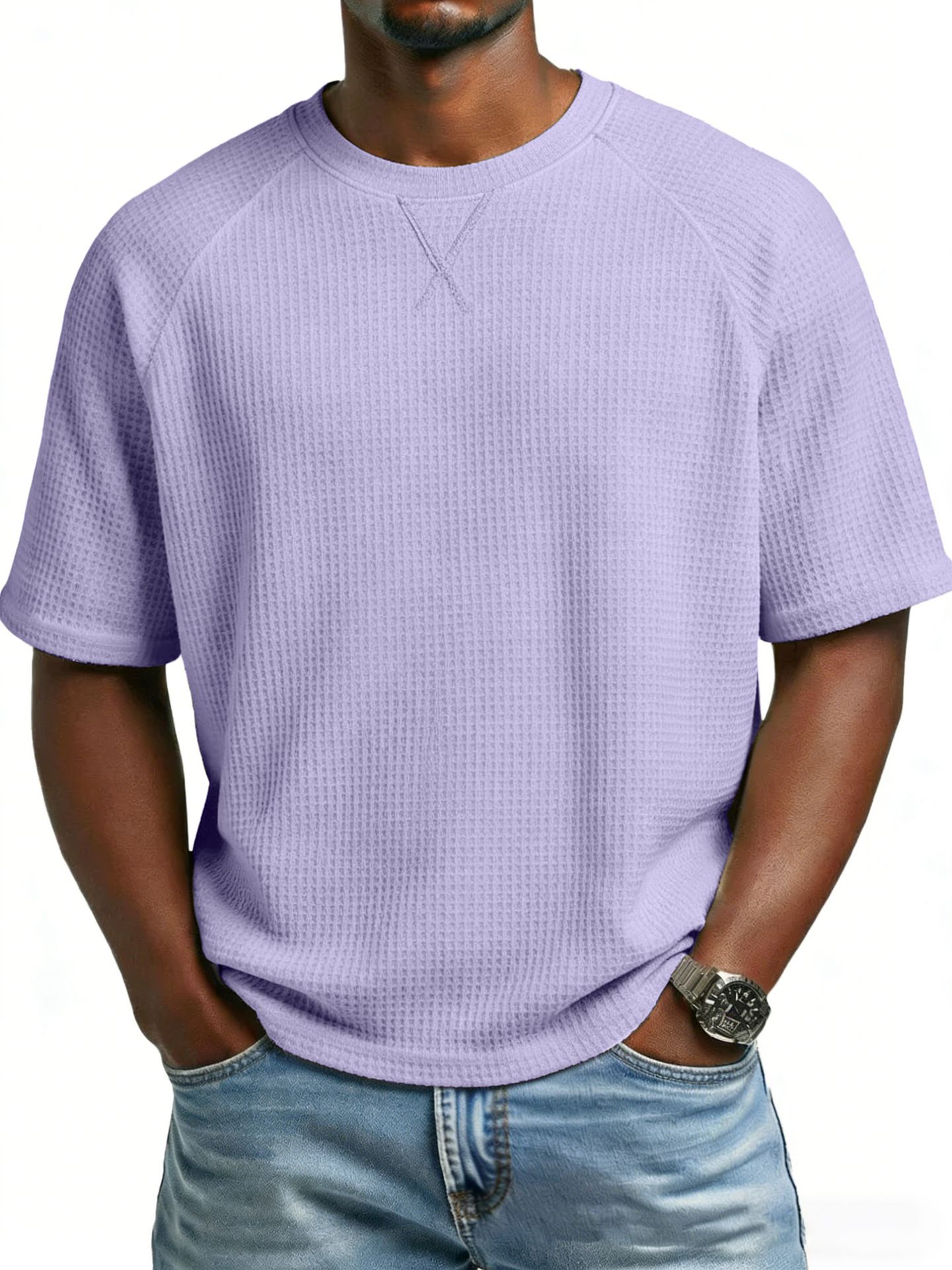 Clothes > Men's Clothing > Tops > T-Shirts  European and American spring and summer men's waffle knitted raglan sleeves round neck short-sleeved men's T-shirt for men