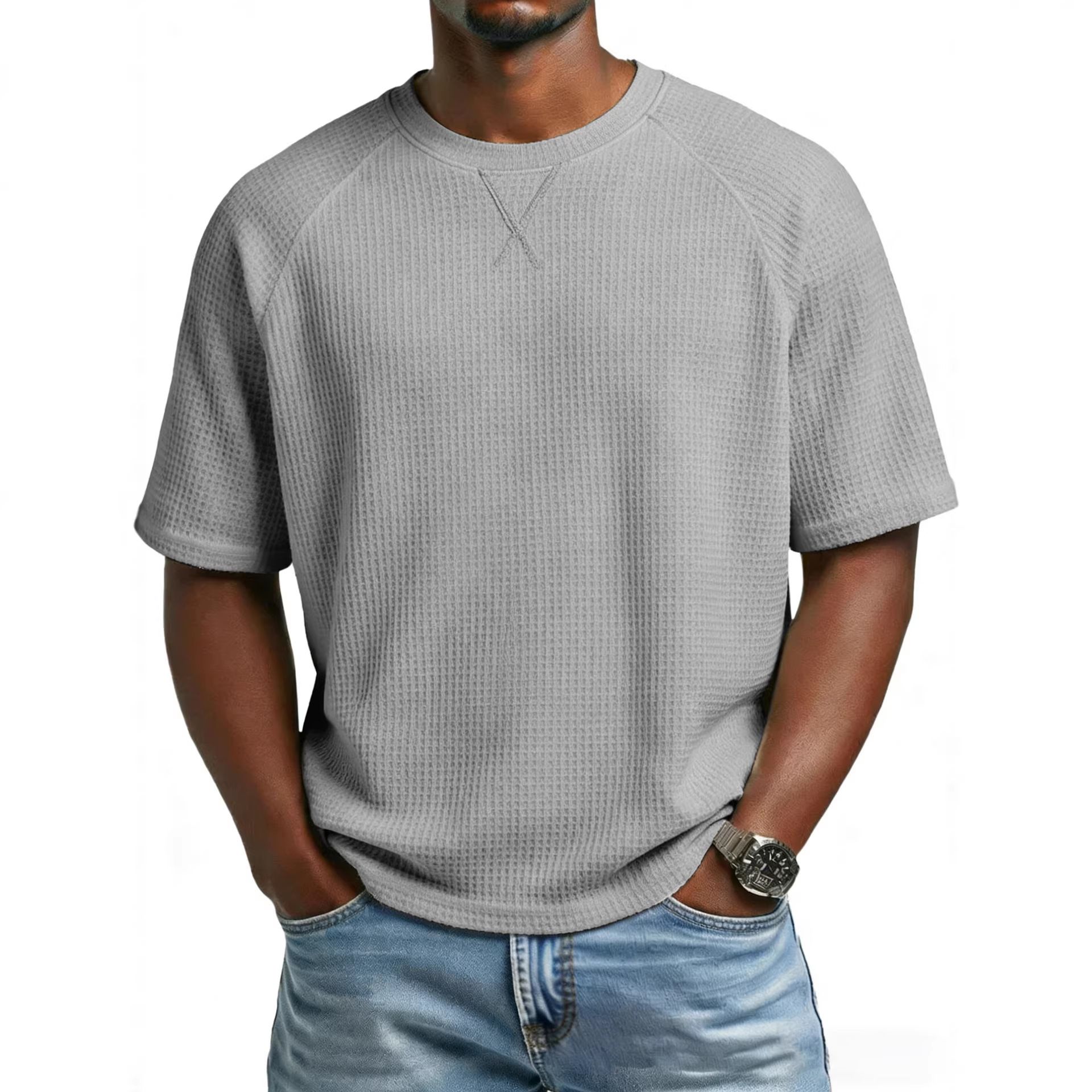 Clothes > Men's Clothing > Tops > T-Shirts  European and American spring and summer men's waffle knitted raglan sleeves round neck short-sleeved men's T-shirt for men