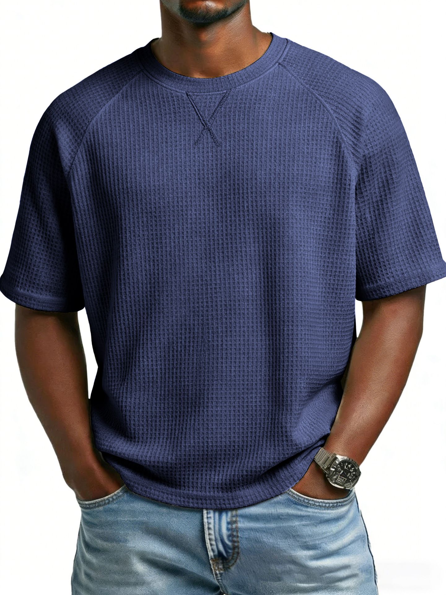 Clothes > Men's Clothing > Tops > T-Shirts  European and American spring and summer men's waffle knitted raglan sleeves round neck short-sleeved men's T-shirt for men