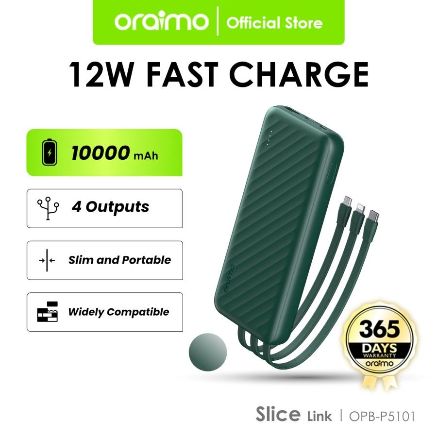 ORAIMO OPB-P5101 10000mah Slice Link Power Bank with Built-in Micro, Type C & Lighting Cables