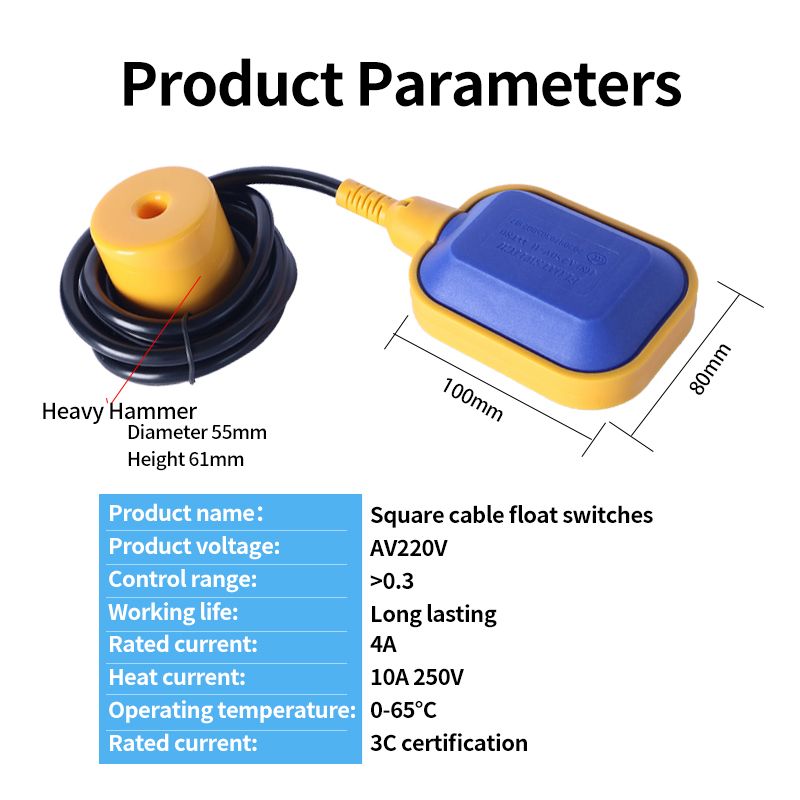 IP68 10-16Amps Water Pump Float Switch (220v-380v) with 1 bar Working Pressure