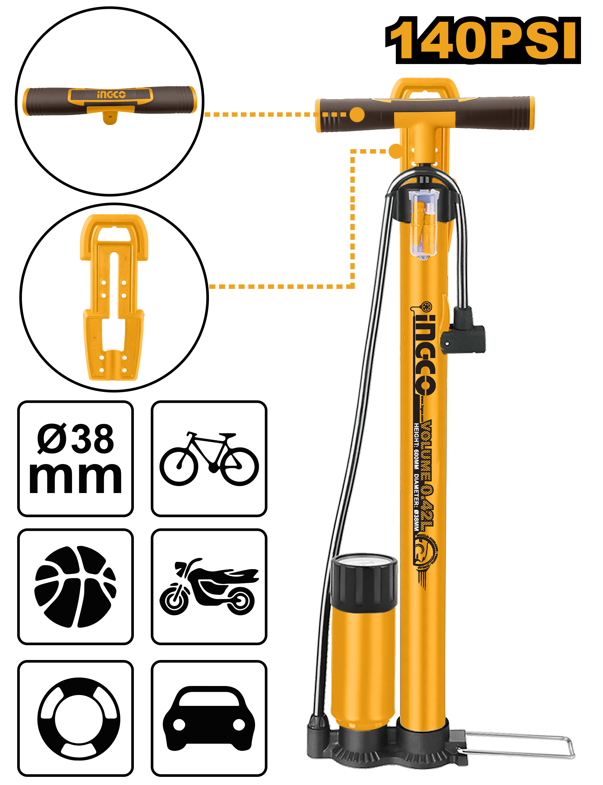 INGCO MPP3811. Tire Inflating Hand Pump with 140psi Pressure & 0.42L Volume