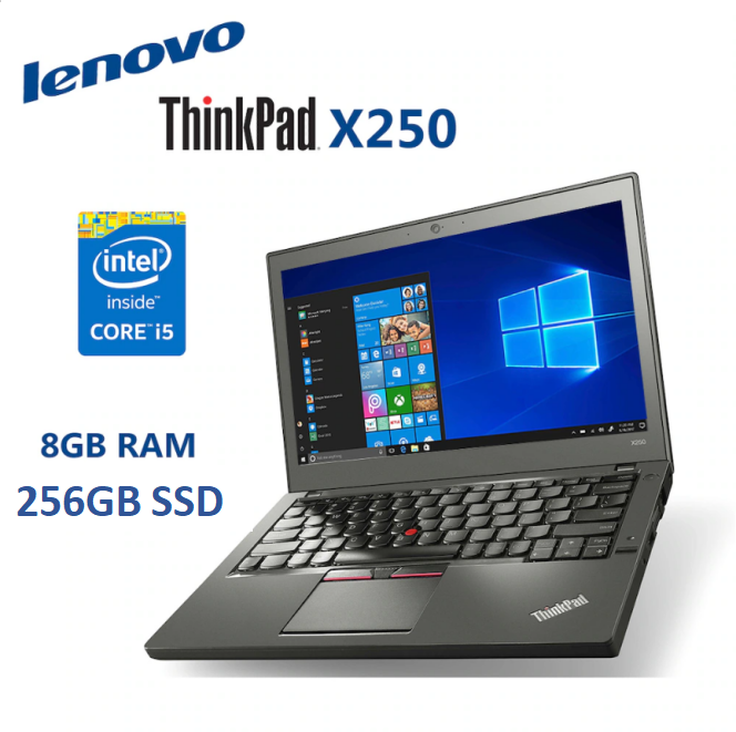 {8GB+256GB+Core i5}  Lenovo Thinkpad X250 Laptop Core i5 8GB RAM + 256GB SSD Storage 12.5" Inch Display Refurbished Windows and Office Installed Notebook High Quality Grade 1 Computer