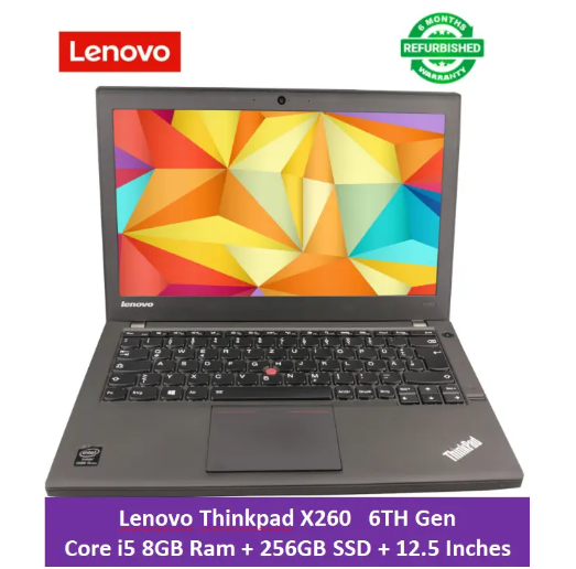 (i5+8GB+256GB SSD) Lenovo Thinkpad X260 laptop Core i5 2.40 GHz 8GB Ram + 256GB SSD Storage 12.5''INCH HD Screen Display Refurbished School Business Cyber Laptop Computer | Notebook