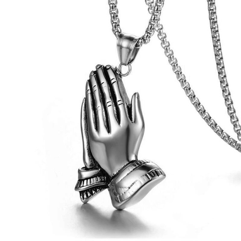 Gold Silver Color The Praying Hands Pendants & Necklaces Brother Gift Stainless Steel Hip Hop Men Jewelry Punk Chain Necklaces A-1147
