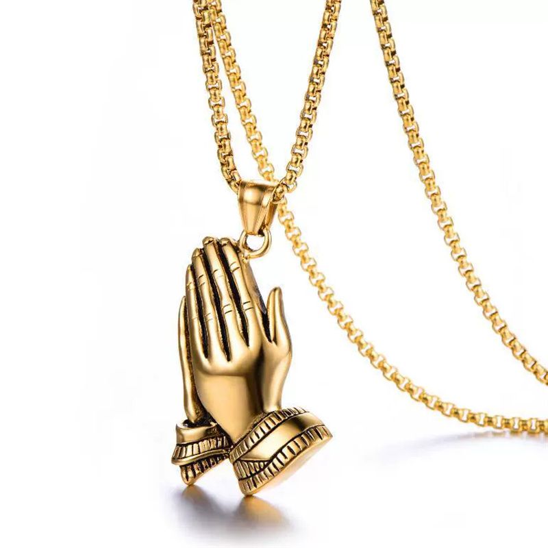 Gold Silver Color The Praying Hands Pendants & Necklaces Brother Gift Stainless Steel Hip Hop Men Jewelry Punk Chain Necklaces A-1147