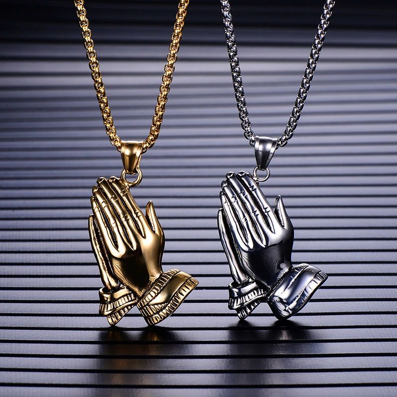 Gold Silver Color The Praying Hands Pendants & Necklaces Brother Gift Stainless Steel Hip Hop Men Jewelry Punk Chain Necklaces A-1147