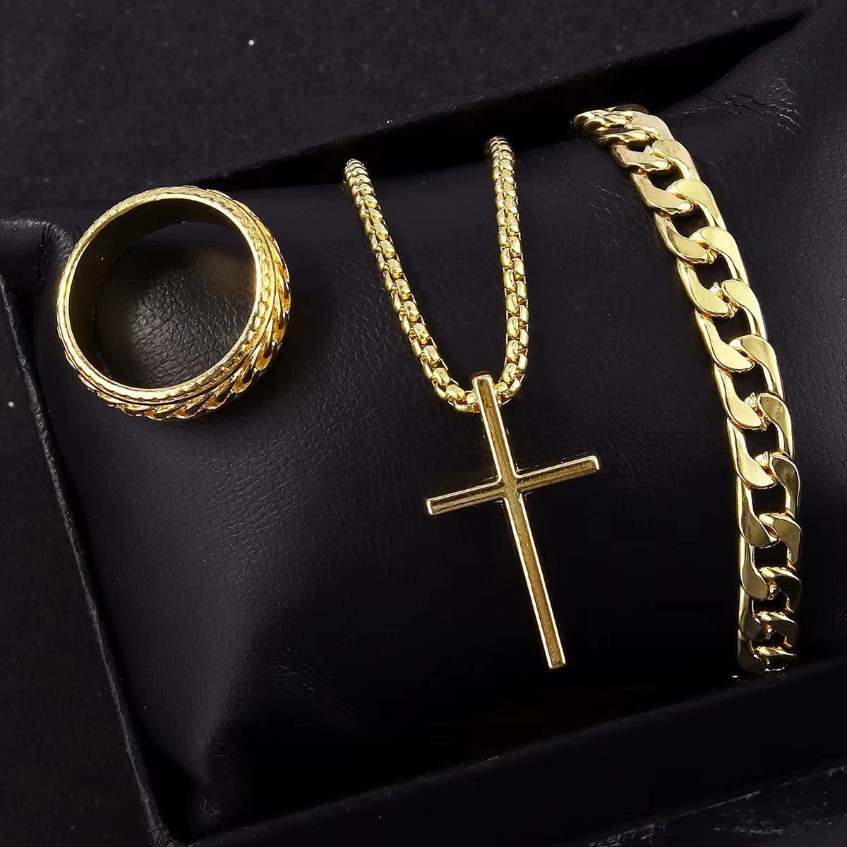 Fashion Punk Black Color Cross Pendant Necklace Bracelet Ring Set for Men Boys Hip Hop Alloy Jewelry Set Party Gifts A-2030