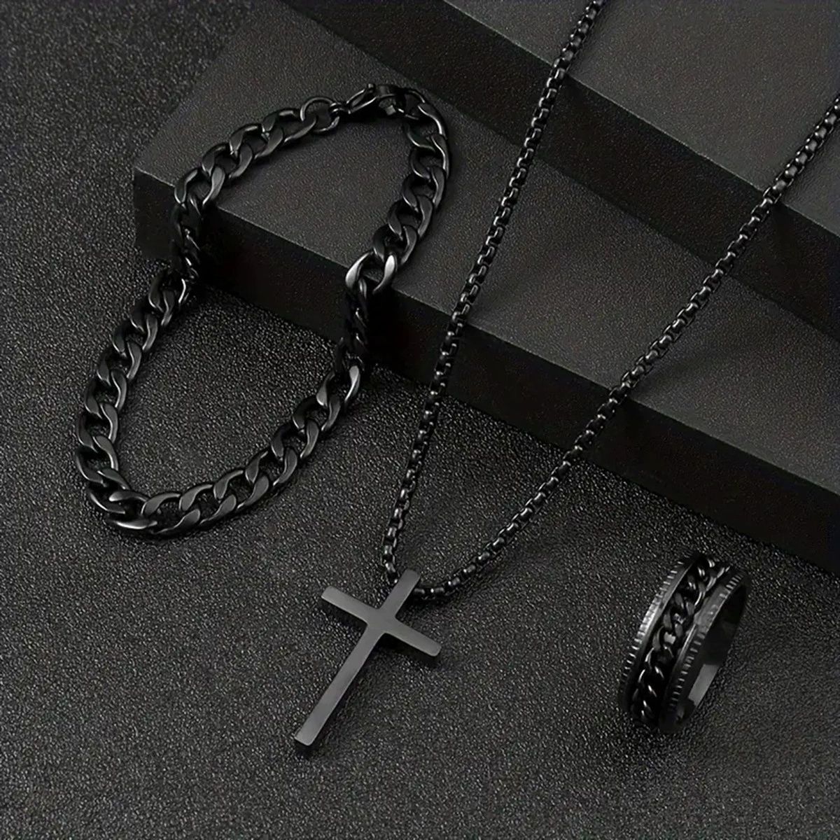Fashion Punk Black Color Cross Pendant Necklace Bracelet Ring Set for Men Boys Hip Hop Alloy Jewelry Set Party Gifts A-2030