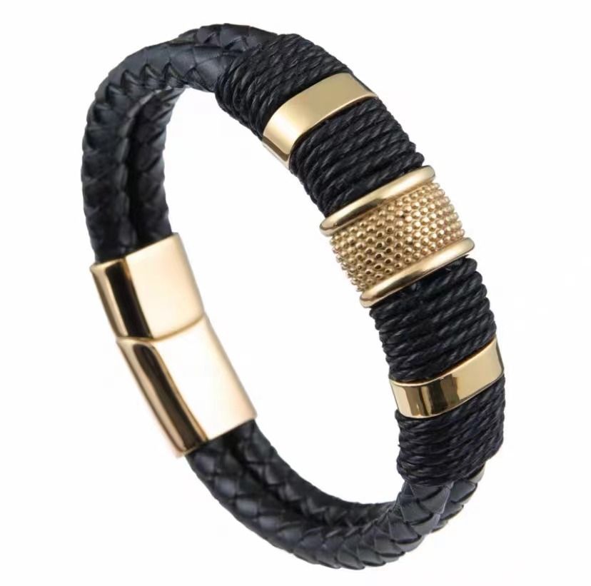 21cm Vintage Woven Leather Rope Wrap Bracelets For Men Classic Stainless Steel Bangles Bracelets Punk Wristband Jewelry A-2023Gifts