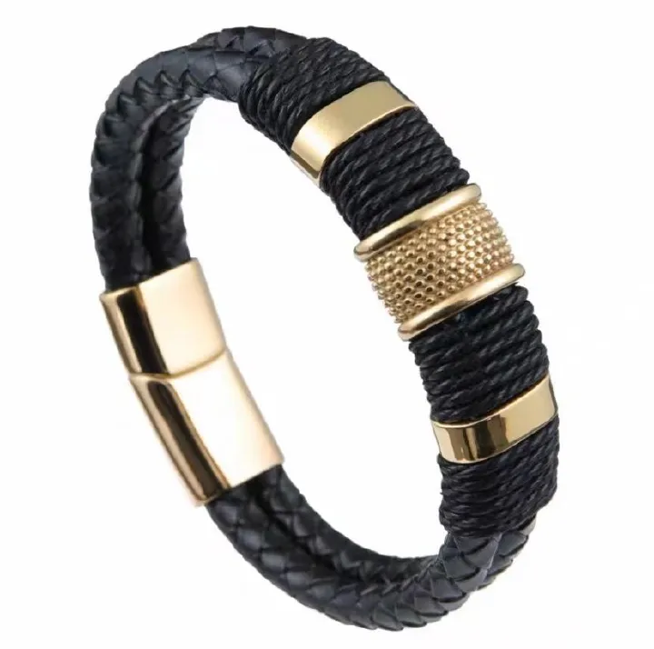 21cm Vintage Woven Leather Rope Wrap Bracelets For Men Classic Stainless Steel Bangles Bracelets Punk Wristband Jewelry A-2023Gifts