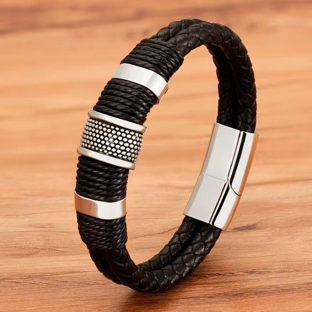 21cm Vintage Woven Leather Rope Wrap Bracelets For Men Classic Stainless Steel Bangles Bracelets Punk Wristband Jewelry A-2023Gifts