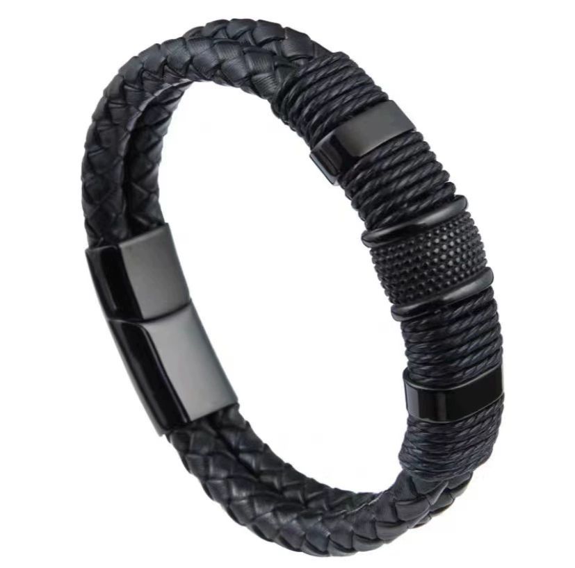 21cm Vintage Woven Leather Rope Wrap Bracelets For Men Classic Stainless Steel Bangles Bracelets Punk Wristband Jewelry A-2023Gifts