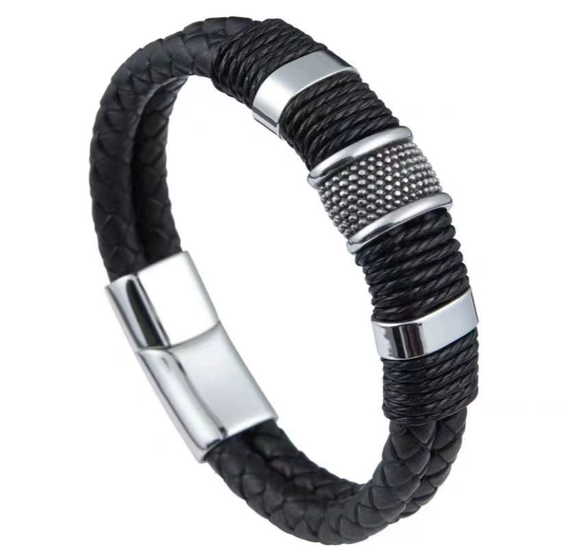 21cm Vintage Woven Leather Rope Wrap Bracelets For Men Classic Stainless Steel Bangles Bracelets Punk Wristband Jewelry A-2023Gifts