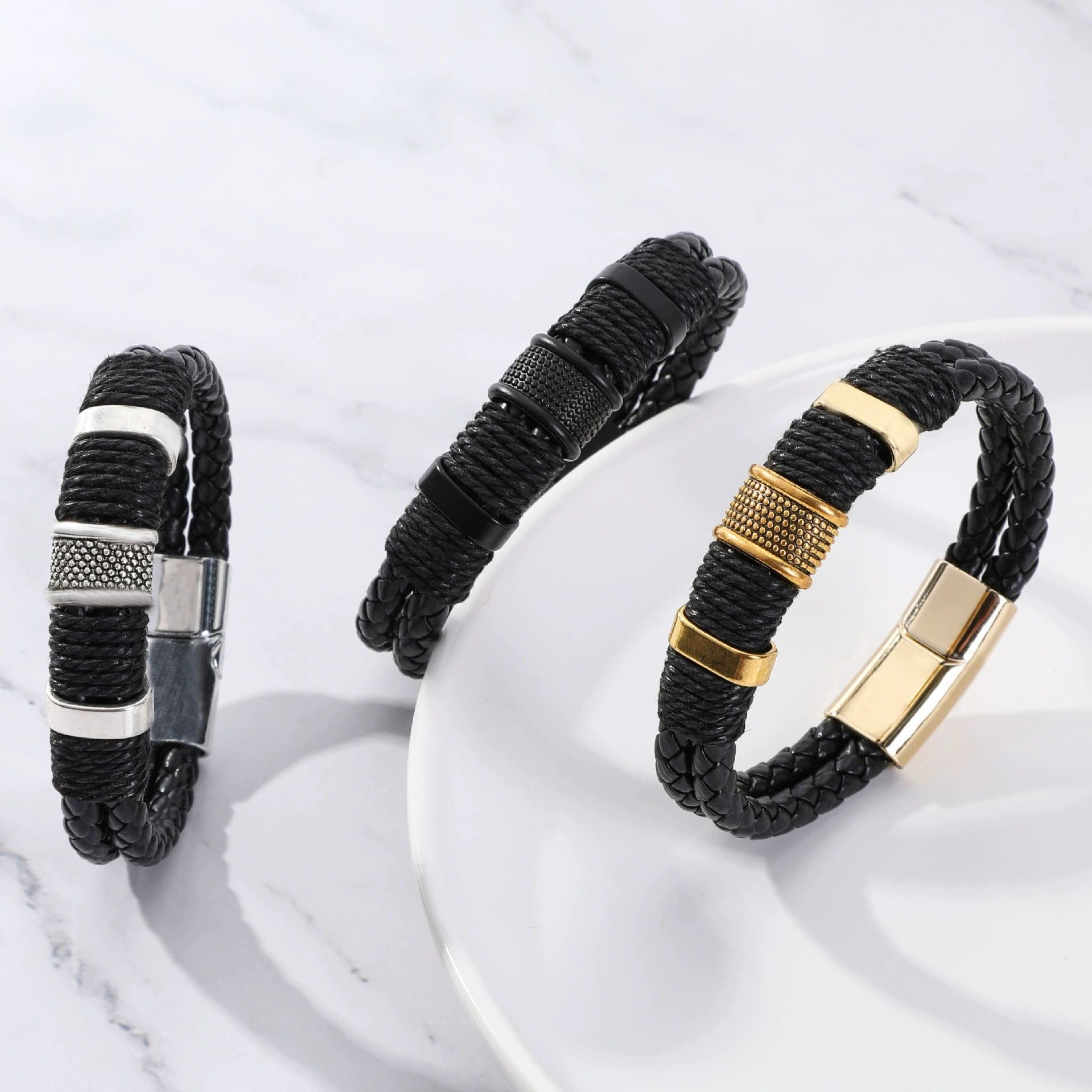 21cm Vintage Woven Leather Rope Wrap Bracelets For Men Classic Stainless Steel Bangles Bracelets Punk Wristband Jewelry A-2023Gifts