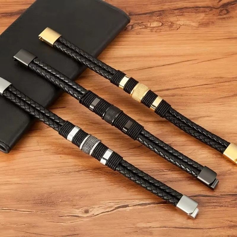 21cm Vintage Woven Leather Rope Wrap Bracelets For Men Classic Stainless Steel Bangles Bracelets Punk Wristband Jewelry A-2023Gifts