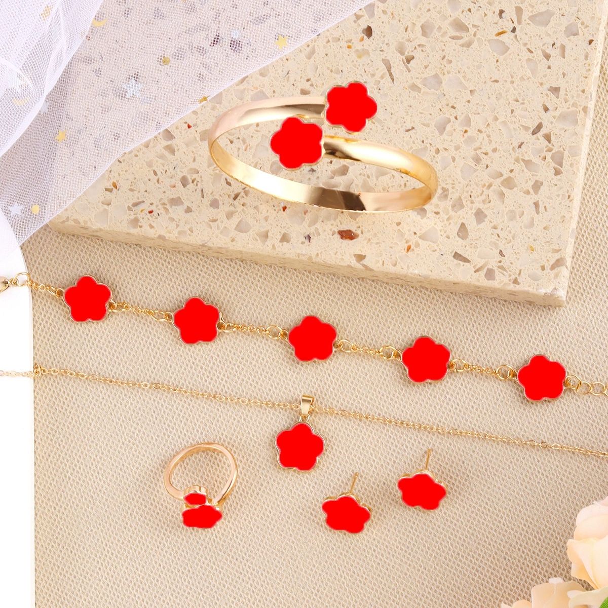 1Set Five-petal Flower  Jewelry Set Women Simple Oil Drip Lucky Flower Necklace Party Jewelry Earrings Decor A-2049-2056-1