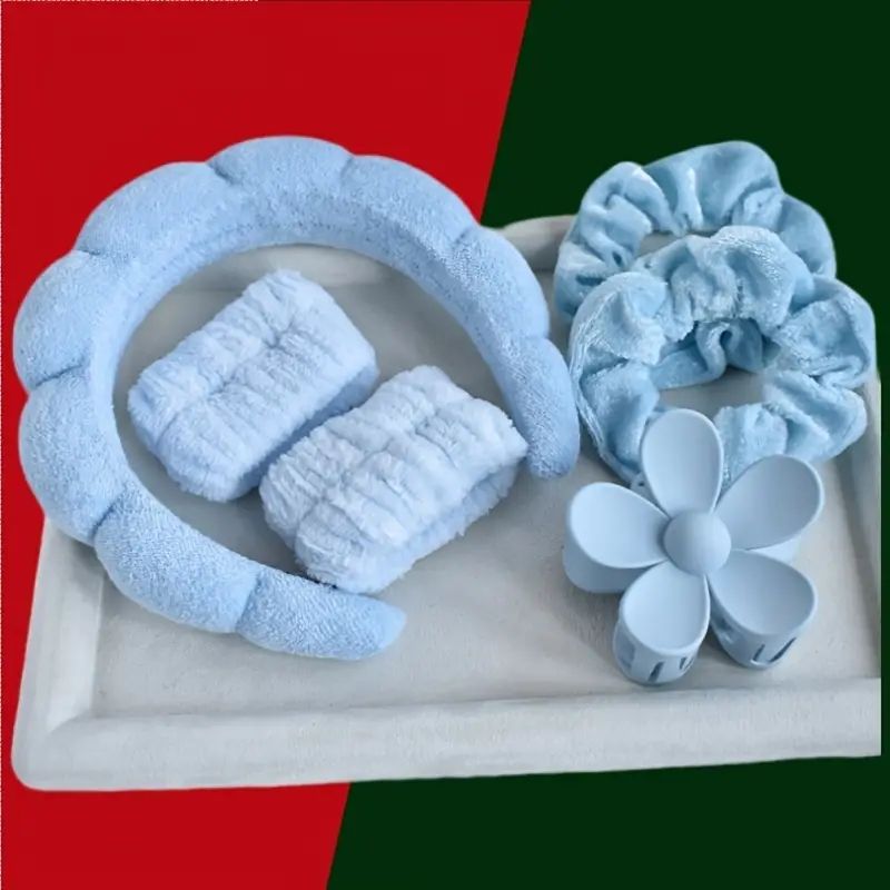 6pcs Washing Face Skincare Makeup 6pcs/set Women's SPA Hairband Set, Spa Headband Hair Hoop Claw Clip Velvet Hair Hoop Wristband