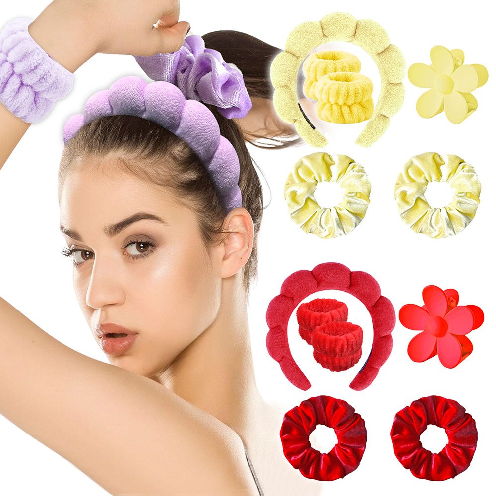 6pcs Washing Face Skincare Makeup 6pcs/set Women's SPA Hairband Set, Spa Headband Hair Hoop Claw Clip Velvet Hair Hoop Wristband