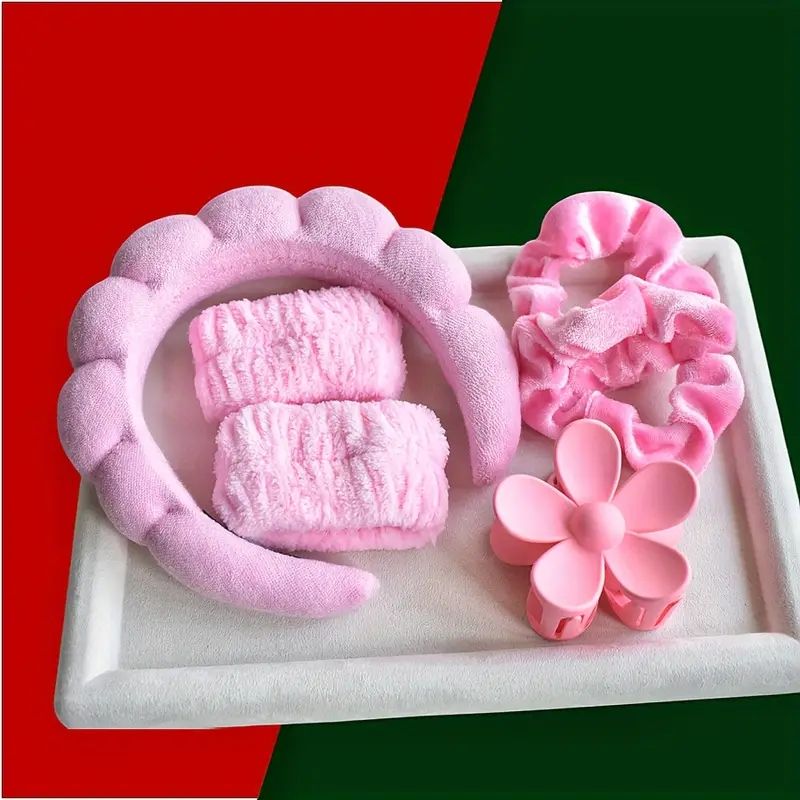 6pcs Washing Face Skincare Makeup 6pcs/set Women's SPA Hairband Set, Spa Headband Hair Hoop Claw Clip Velvet Hair Hoop Wristband