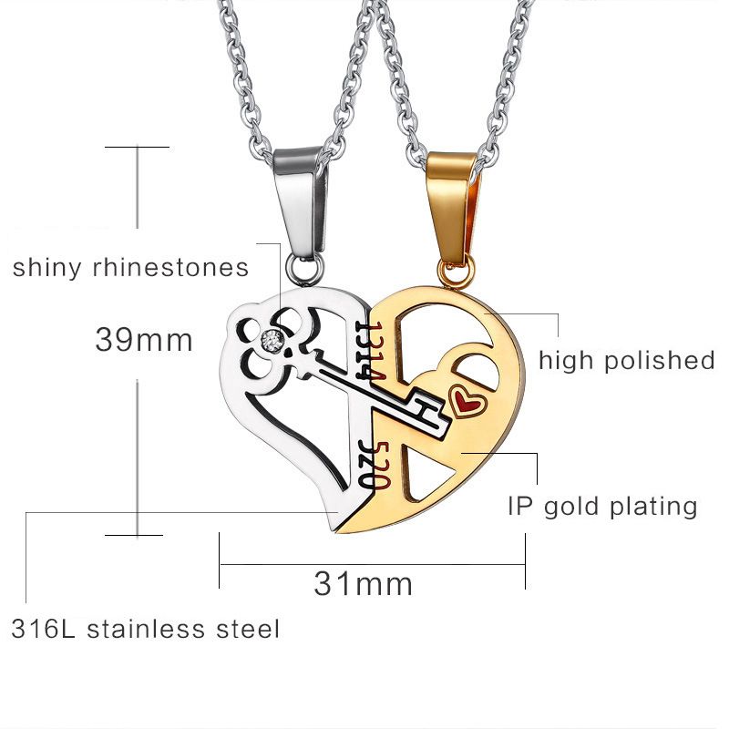 1 Set/2pcs Key Spliceable Couple Pendant Necklace Stainless Steel Love Valentine's Day Gift Jewelry  A-1757