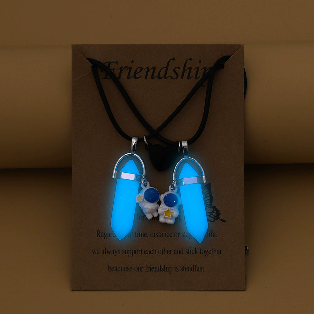 Glow in the dark Hexagonal prism pendant astronaut love magnetic buckle leather rope star holding couple good friend necklace A-2038