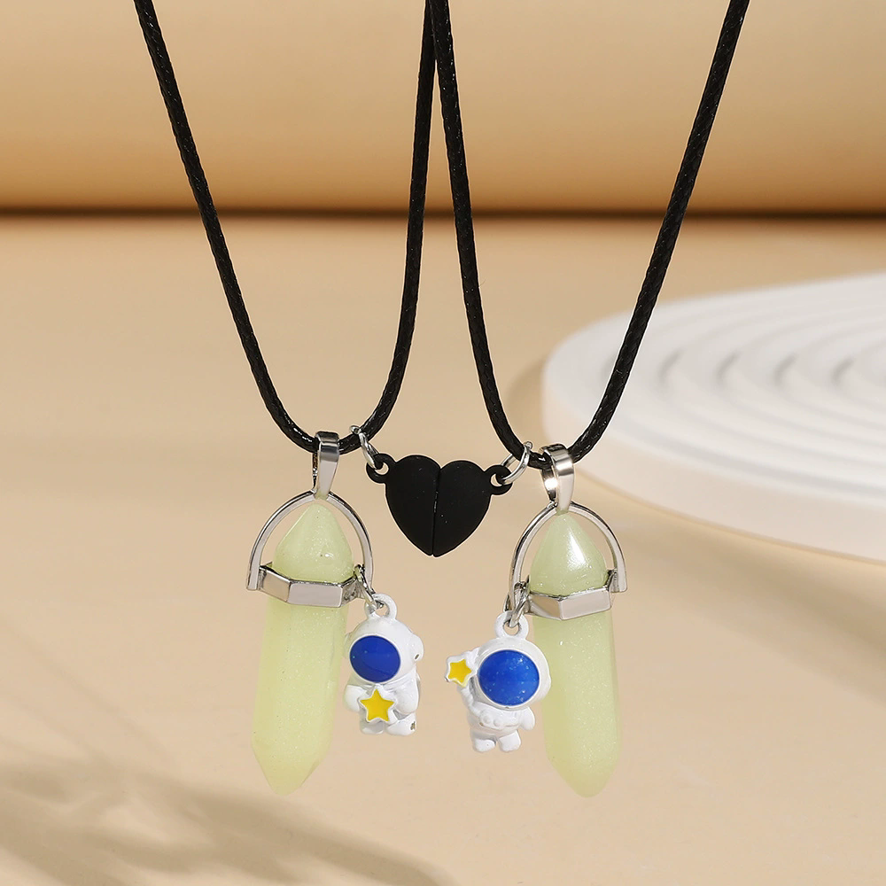 Glow in the dark Hexagonal prism pendant astronaut love magnetic buckle leather rope star holding couple good friend necklace A-2038