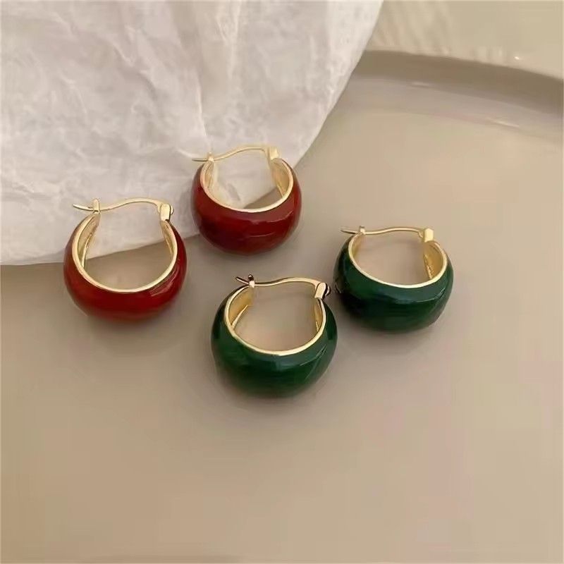Simple Design Wine Red Dripping Oil Dangle Earrings For Women Gold Color Circle Vintage Hoop Earring Jewelry Gifts A-2060