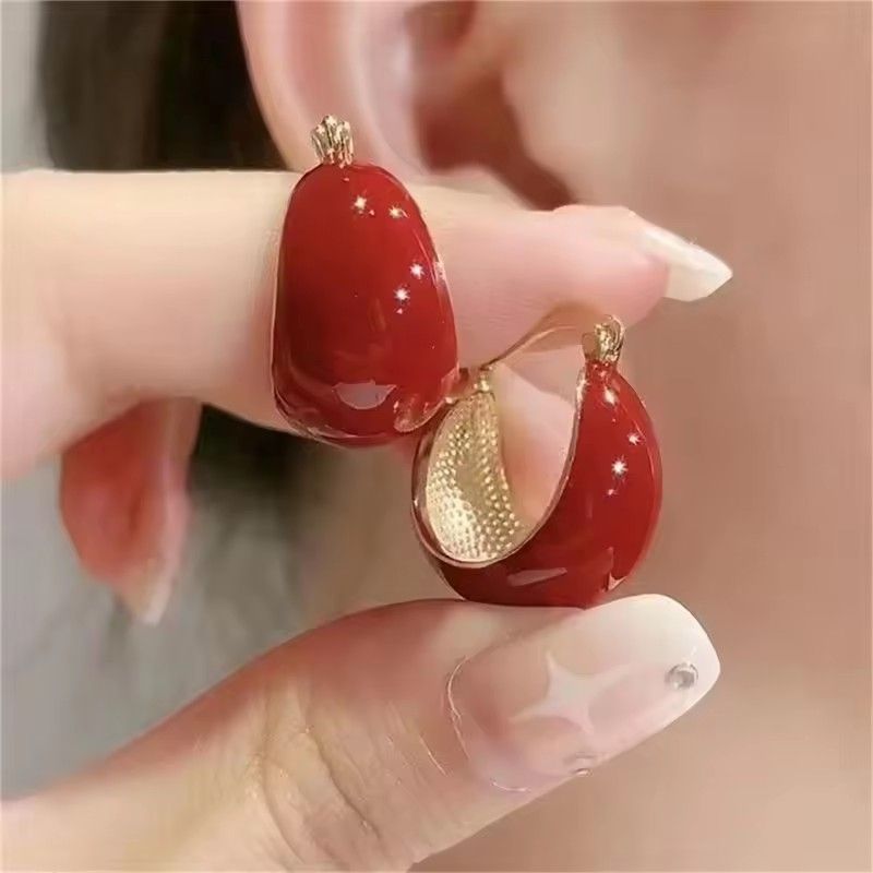 Simple Design Wine Red Dripping Oil Dangle Earrings For Women Gold Color Circle Vintage Hoop Earring Jewelry Gifts A-2060