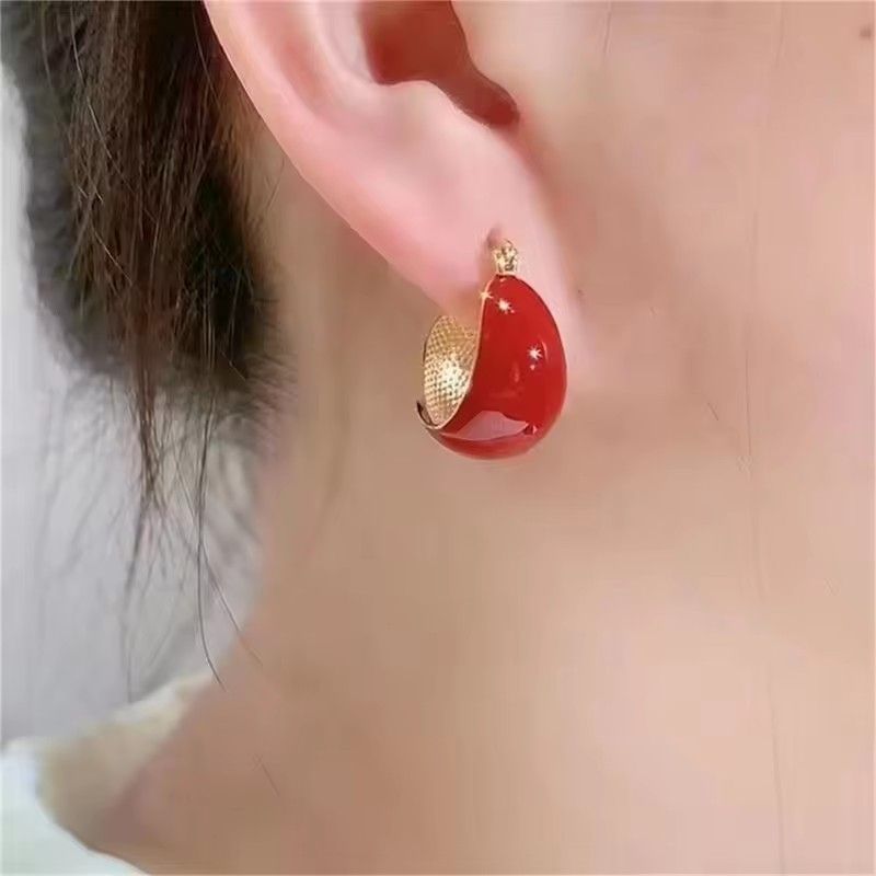 Simple Design Wine Red Dripping Oil Dangle Earrings For Women Gold Color Circle Vintage Hoop Earring Jewelry Gifts A-2060