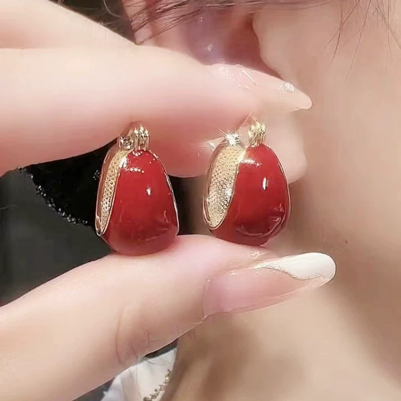 Simple Design Wine Red Dripping Oil Dangle Earrings For Women Gold Color Circle Vintage Hoop Earring Jewelry Gifts A-2060
