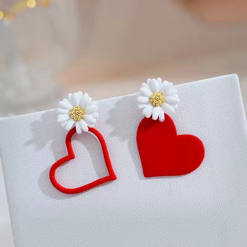 Cute Daisy Flower Stud Earrings for Women Red White Color Sweetheart Asymmetrical Earring Party Wedding Jewelry Gifts A-2064