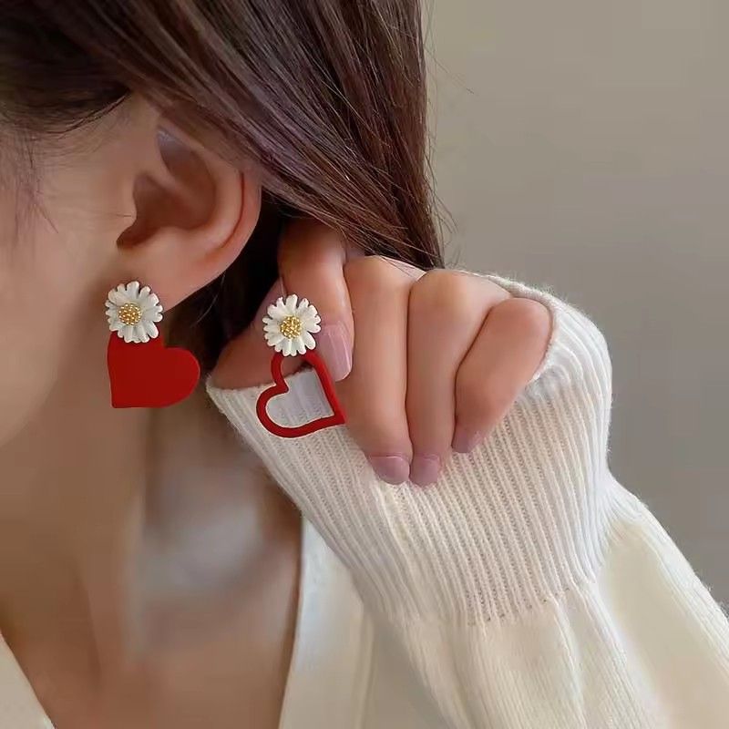 Cute Daisy Flower Stud Earrings for Women Red White Color Sweetheart Asymmetrical Earring Party Wedding Jewelry Gifts A-2064
