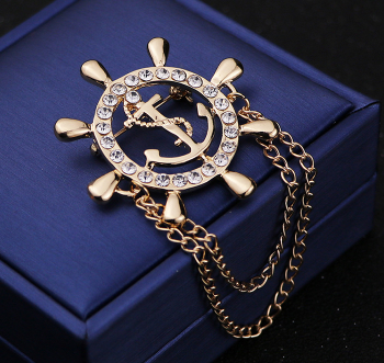 Golden Rudder Anchor Brooch Mens Suit Boutonniere Badge Korean Brooches for Men Lapel Pin Women Broches Chain Christmas Gift A-31