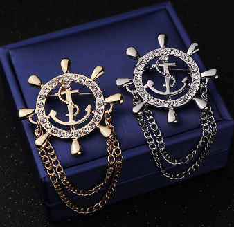 Golden Rudder Anchor Brooch Mens Suit Boutonniere Badge Korean Brooches for Men Lapel Pin Women Broches Chain Christmas Gift A-31