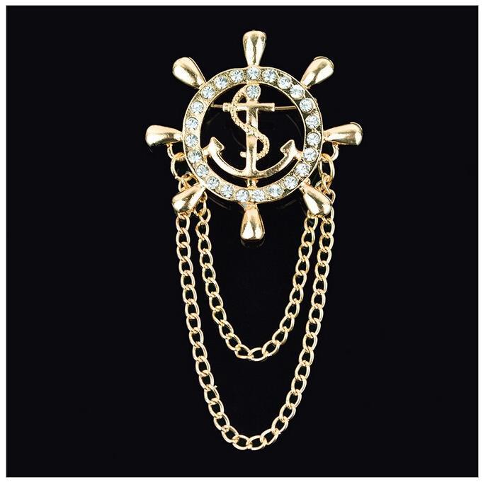 Golden Rudder Anchor Brooch Mens Suit Boutonniere Badge Korean Brooches for Men Lapel Pin Women Broches Chain Christmas Gift A-31