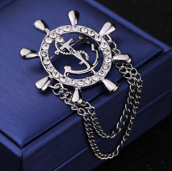 Golden Rudder Anchor Brooch Mens Suit Boutonniere Badge Korean Brooches for Men Lapel Pin Women Broches Chain Christmas Gift A-31