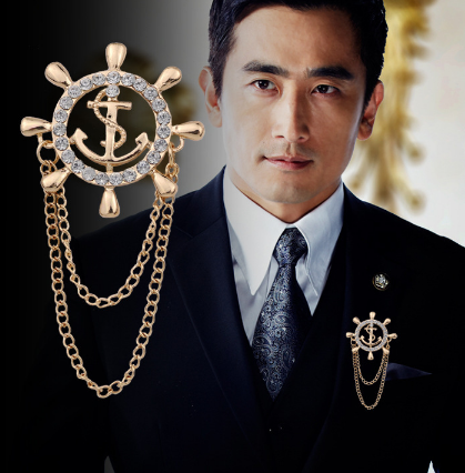 Golden Rudder Anchor Brooch Mens Suit Boutonniere Badge Korean Brooches for Men Lapel Pin Women Broches Chain Christmas Gift A-31