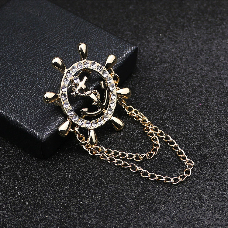Golden Rudder Anchor Brooch Mens Suit Boutonniere Badge Korean Brooches for Men Lapel Pin Women Broches Chain Christmas Gift A-31