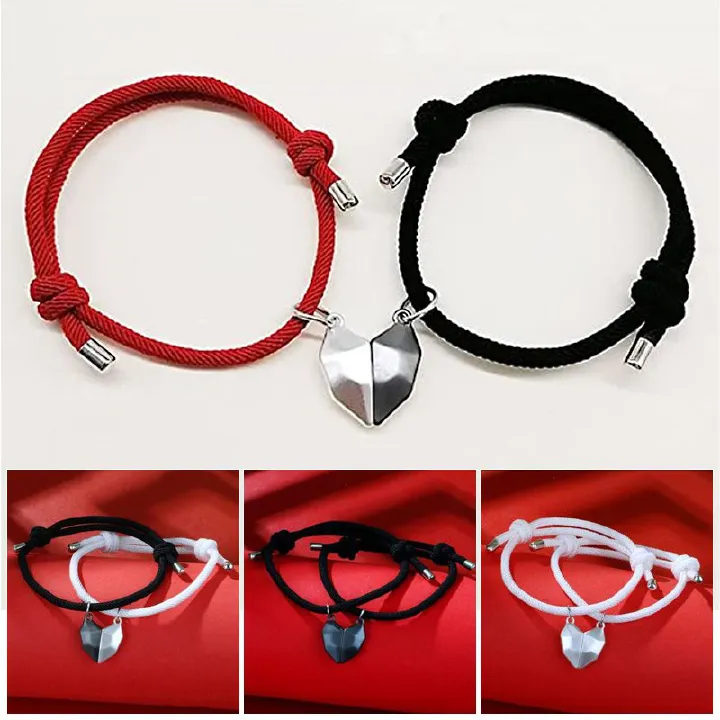 2PCS/set Love Magnetic Attracts Couple Bracelet Friendship Heart Pendant Faceted Charm Bangle Valentine's Day Gift Jewelry A-1862